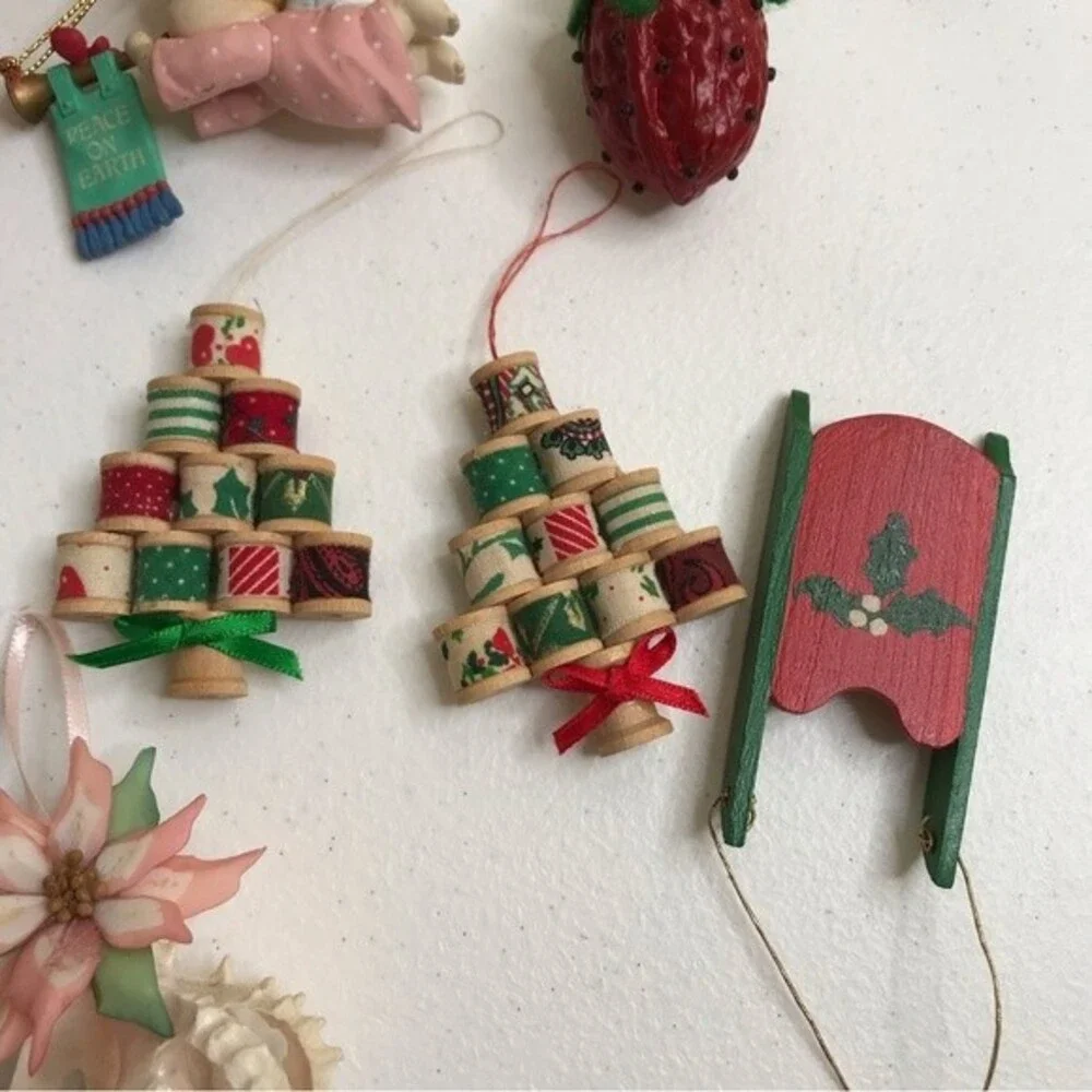 Vintage Assorted Christmas Ornaments Brass Bell Handmade Needlepoint Crochet Lot